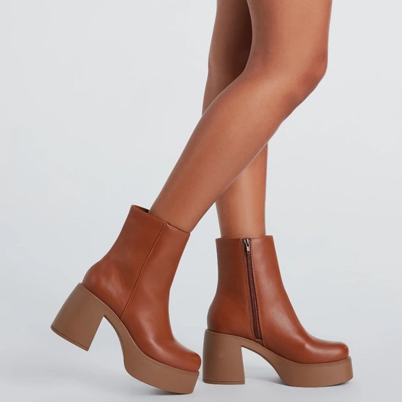 NEW🔥Tan Cognac Platform Tall Ankle Boot Booties Chunky Block High Heel w/Zipper - Picture 1 of 9